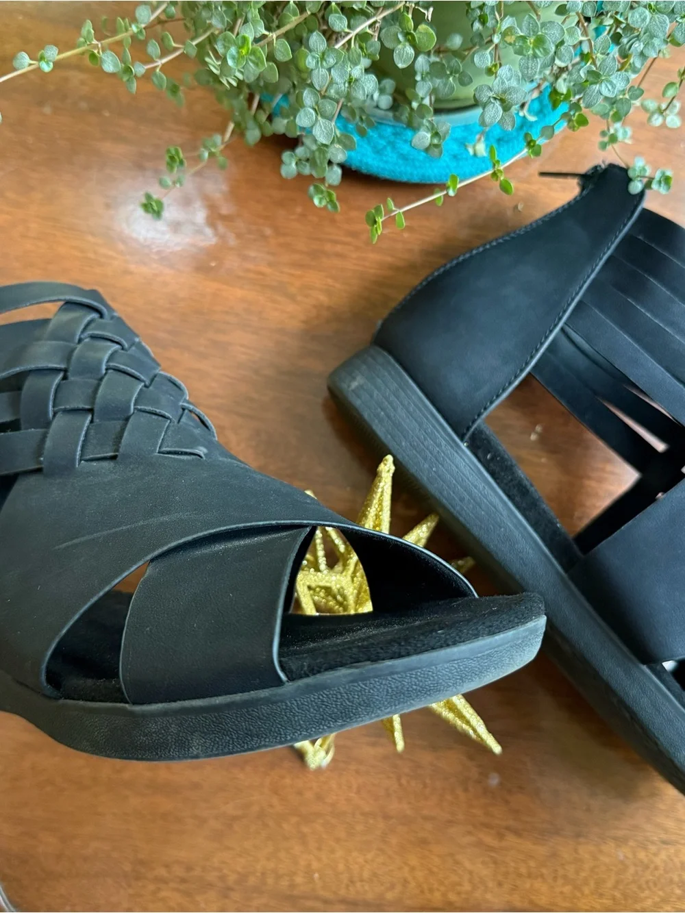 Natural Reflections Black Woven Peep-Toe Wedge Sandals